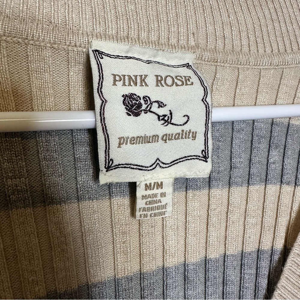 Pink Rose Beige Stripped Waist Snatching Ribbed Knit Long Sleeved V-neck Sweater - Picture 3 of 4
